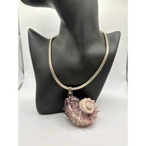 Sterling Silver 925 Purple Spiral Horned Shell Necklace Heavy Statement
